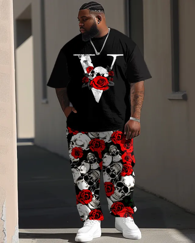 Rose Flower Skull Print T-shirt Trousers Set Men's Large sold by Biggmans