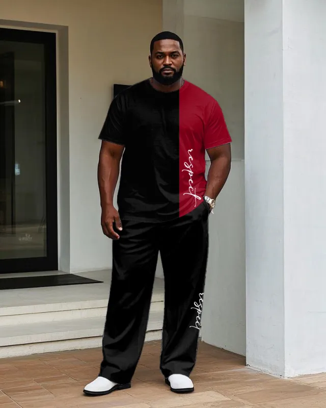 Big Men's Black Colorblock Slogan Printed Short-sleeved T-shirt Trousers Set sold by Biggmans