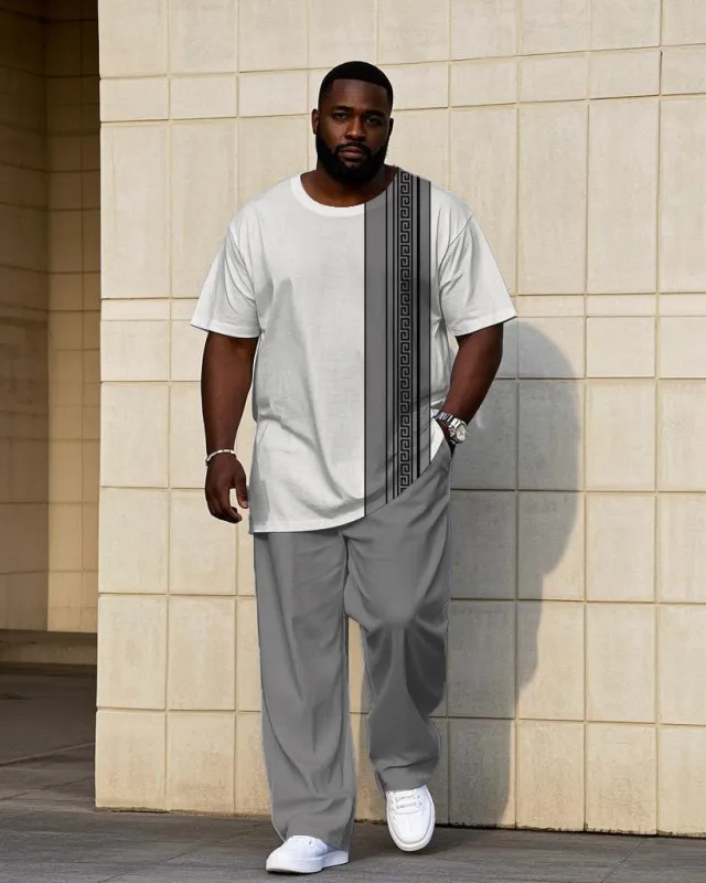 Big Men's Grey & White Patchwork Printed Short-sleeved T-shirt Trousers Set sold by Biggmans