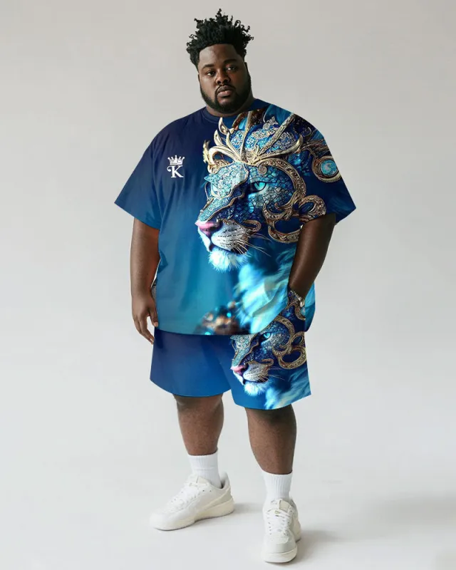 Men's Plus Size Street Blue Leopard Letter Print Short Sleeve T-Shirt Shorts Suit sold by Biggmans