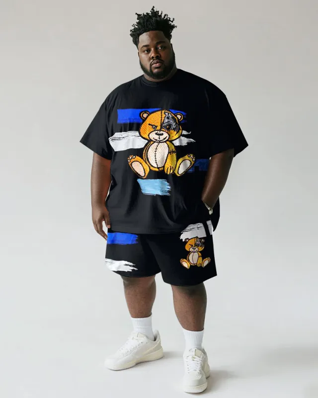 Men's Plus Size Street Black Graffiti Bear Print Short Sleeve T-Shirt Shorts Suit sold by Biggmans