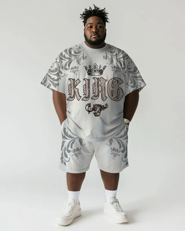 Men's Plus Size Daily Casual White Pattern Letter Printing Short-sleeved T-shirt Shorts Suit sold by Biggmans