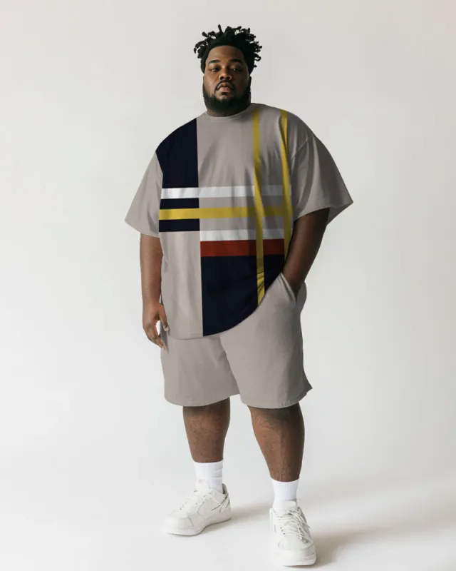 Men's Plus Size Daily Casual Khaki Striped Print Short Sleeve T-Shirt Shorts Suit sold by Biggmans