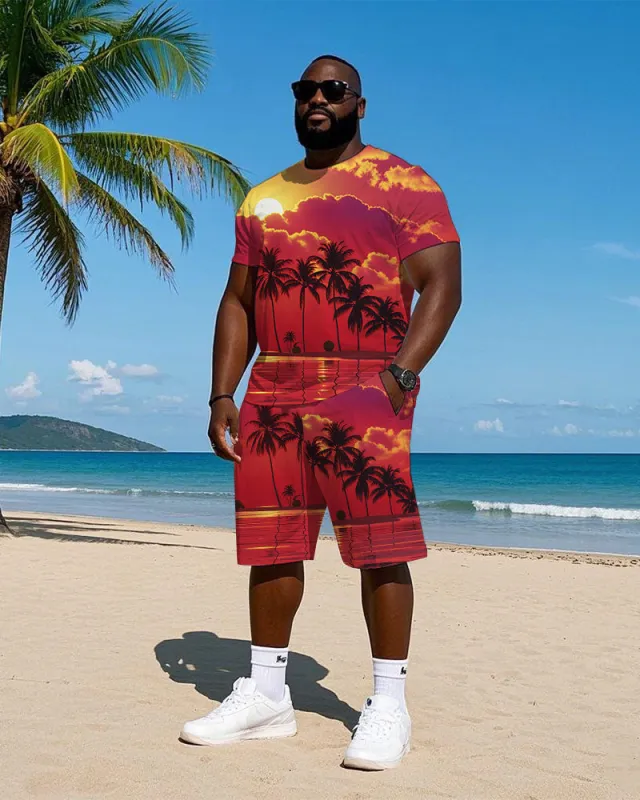 Big and Tall Men's Hawaiian Vibrant Sunset Coconut Trees Casual Printed Short Sleeve T-shirt and Shorts Set sold by Biggmans