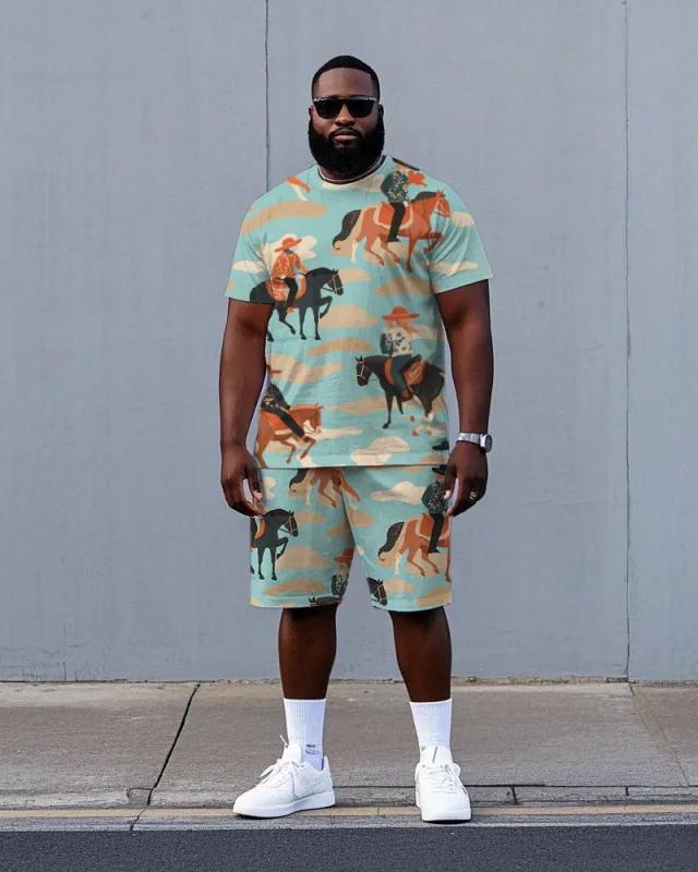 Big Men Hawaiian Style Horse Riding Cowboy Print Short Sleeve T-shirt and Shorts Set sold by Biggmans
