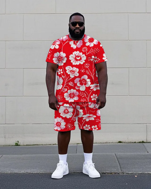 Big Men's Artistic Floral All Over Printed Hawaiian Short Sleeve T-Shirt and Shorts Set sold by Biggmans
