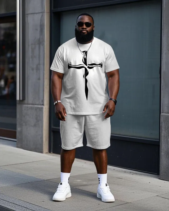Big Men's Simple Artistic Cross Printed Casual Short Sleeve T-Shirt and Shorts Set sold by Biggmans