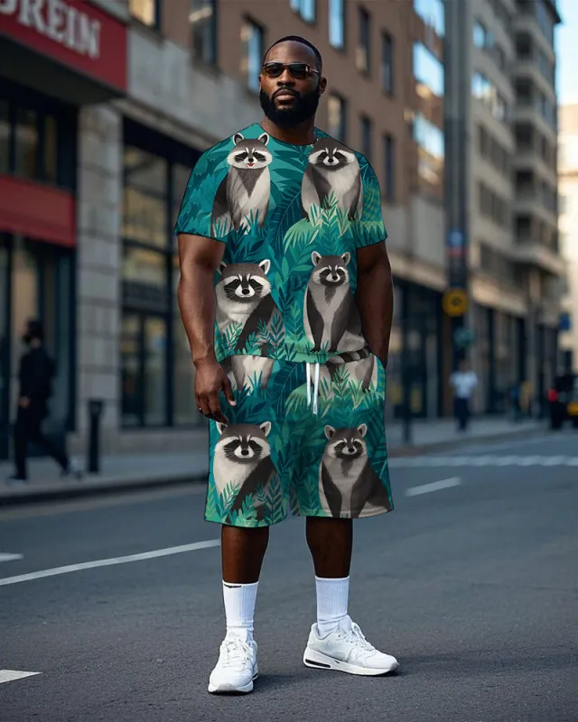 Men's Big Size Fashion Forest Raccoon Printed Casual Short Sleeve T-Shirt and Shorts Set sold by Biggmans