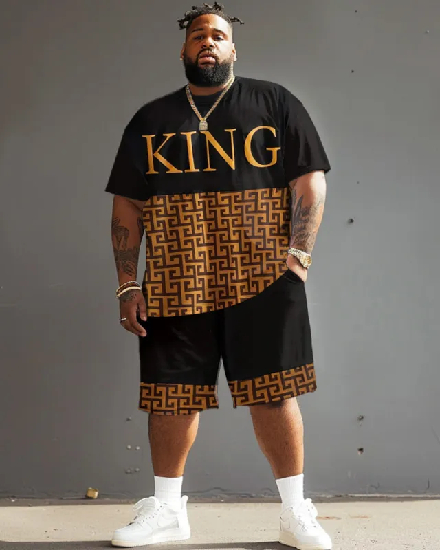 Men's Plus Size Yellow Geometric King Alphabet Print Short Sleeve T-Shirt Shorts Suit sold by Biggmans