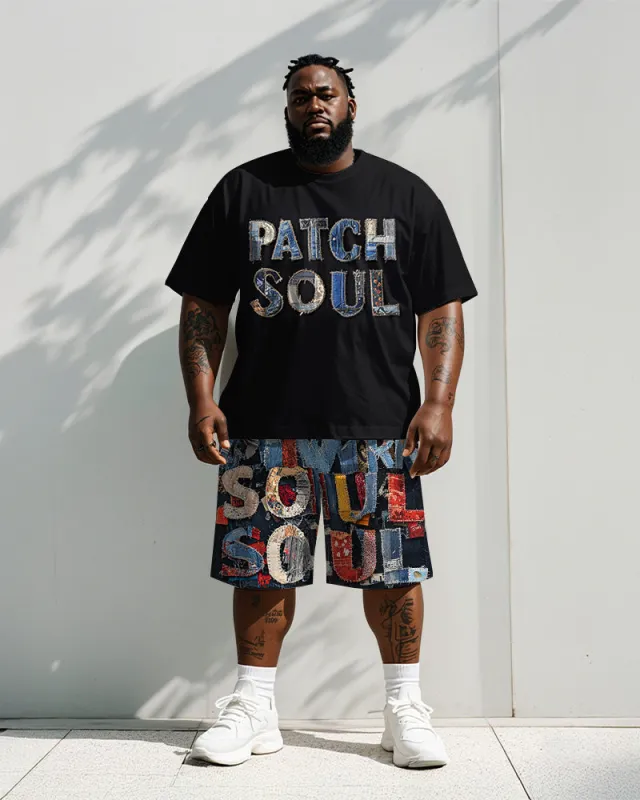 Men's Plus Size Street Fashion Denim Patching Patch Soul Letter Printed Short Sleeve T-Shirt Shorts Suit sold by Biggmans