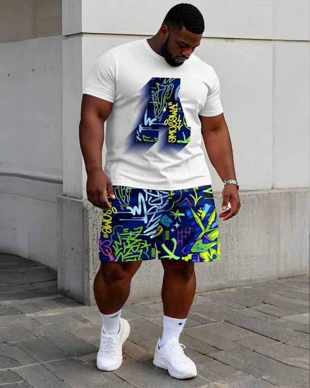 Men's Plus Size Street Fashion Pattern Chest Stereoscopic Projection "A" Printed Short-sleeved T-shirt Shorts Suit sold by Biggmans