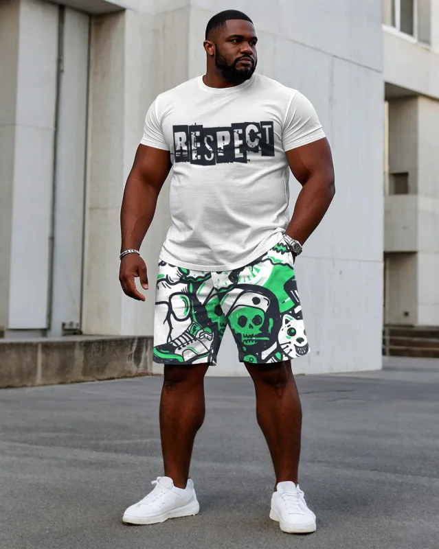 Men's Plus Size Street Fashion "Respect" Slogan Hand Brush Printed Short Sleeve T-Shirt Shorts Suit sold by Biggmans