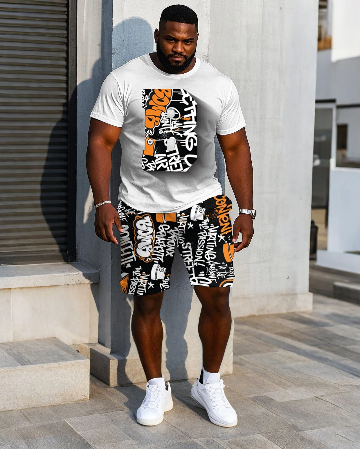 Men's Plus Size Street Fashion Chest Stereoscopic Projection "B" Printed Short-sleeved T-shirt Shorts Suit sold by Biggmans