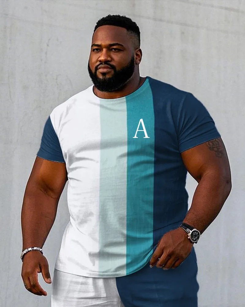 Men's Plus Size Gradient Blue Color Block Chest "A" Printed Short Sleeve T-shirt Shorts Suit sold by Biggmans product image thumbnail 2