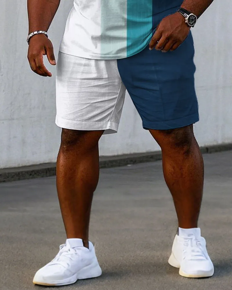 Men's Plus Size Gradient Blue Color Block Chest "A" Printed Short Sleeve T-shirt Shorts Suit sold by Biggmans product image thumbnail 3