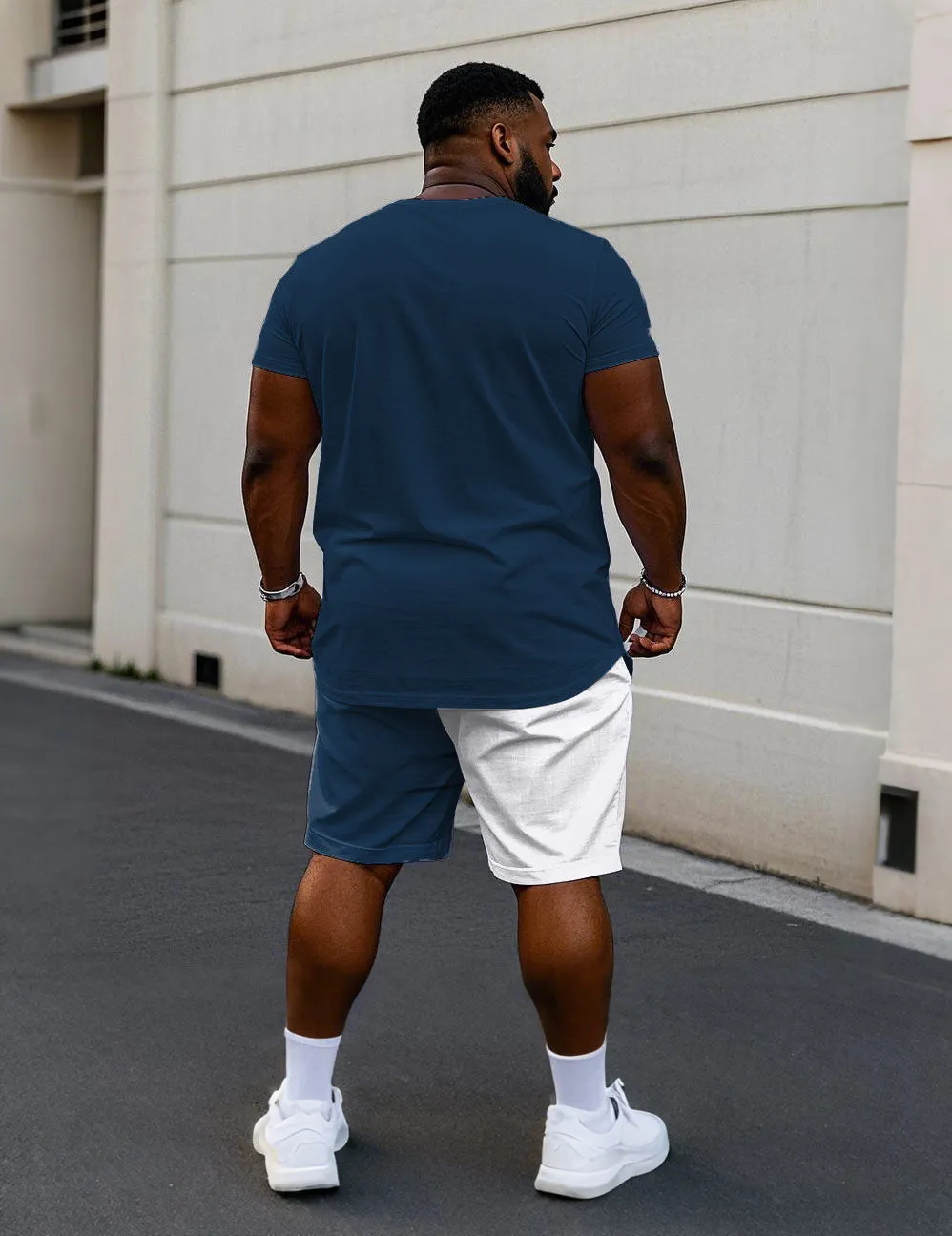 Men's Plus Size Gradient Blue Color Block Chest "A" Printed Short Sleeve T-shirt Shorts Suit sold by Biggmans product image thumbnail 4