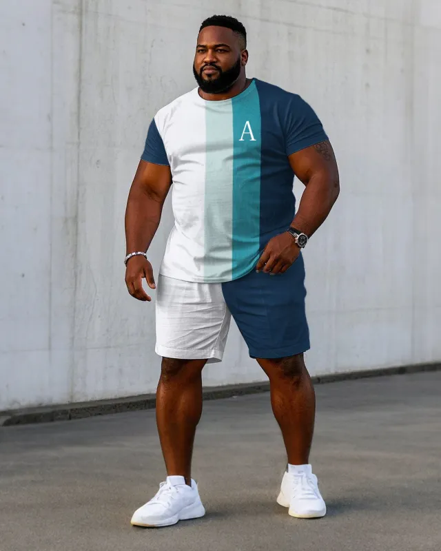 Men's Plus Size Gradient Blue Color Block Chest "A" Printed Short Sleeve T-shirt Shorts Suit sold by Biggmans