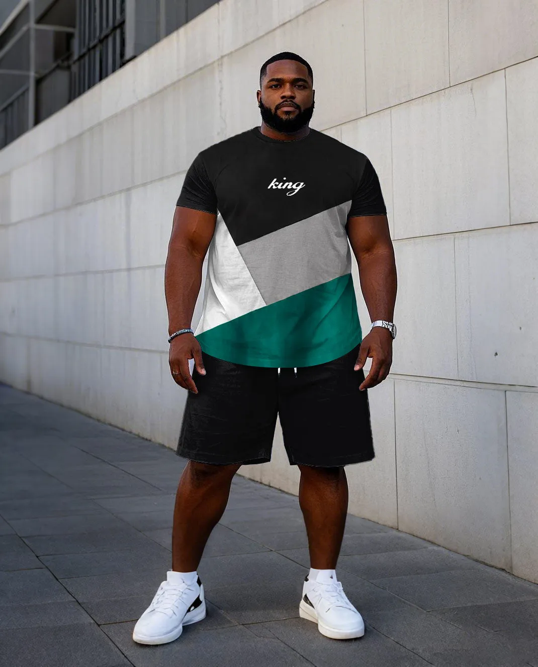 Men's Plus Size Casual Black & Green Colorblock Short Sleeve T-Shirt Shorts Suit sold by Biggmans