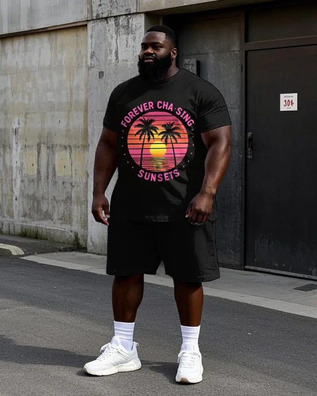 Big Men's Hawaiian Fashion SUNSETs Coconut Trees Printed Casual Short Sleeve T-shirt Shorts Set sold by Biggmans