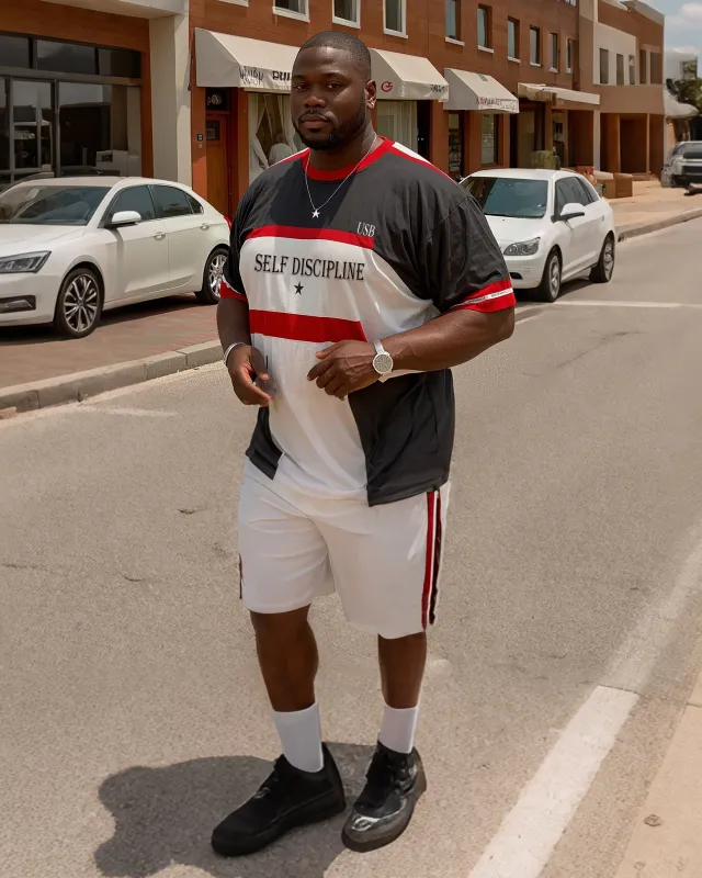 Plus Size Men's Sports Style Color Block Short Sleeve Shorts Suit sold by Biggmans