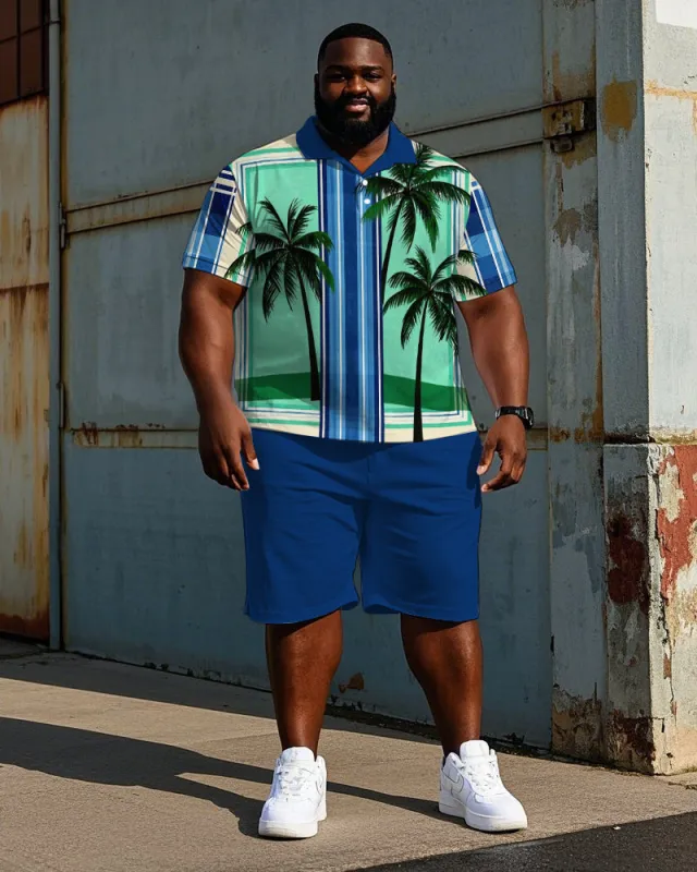 Men's Big and Tall Hawaiian Coconut Tree Stripe Printed Short Sleeve Polo Shirt Shorts Set sold by Biggmans