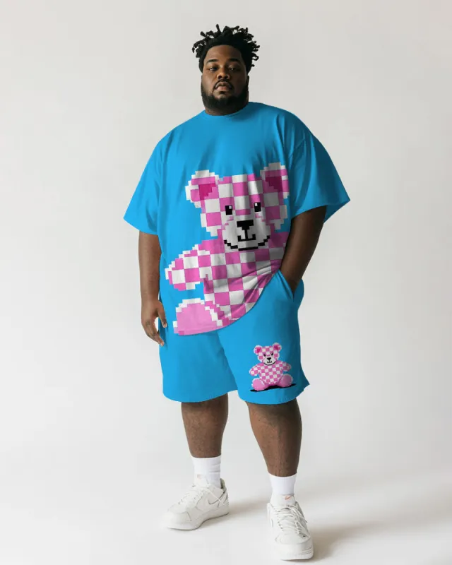 Men's Plus Size Blue Pink Color-block Pixel Bear Print Short-sleeved T-shirt Shorts Suit sold by Biggmans