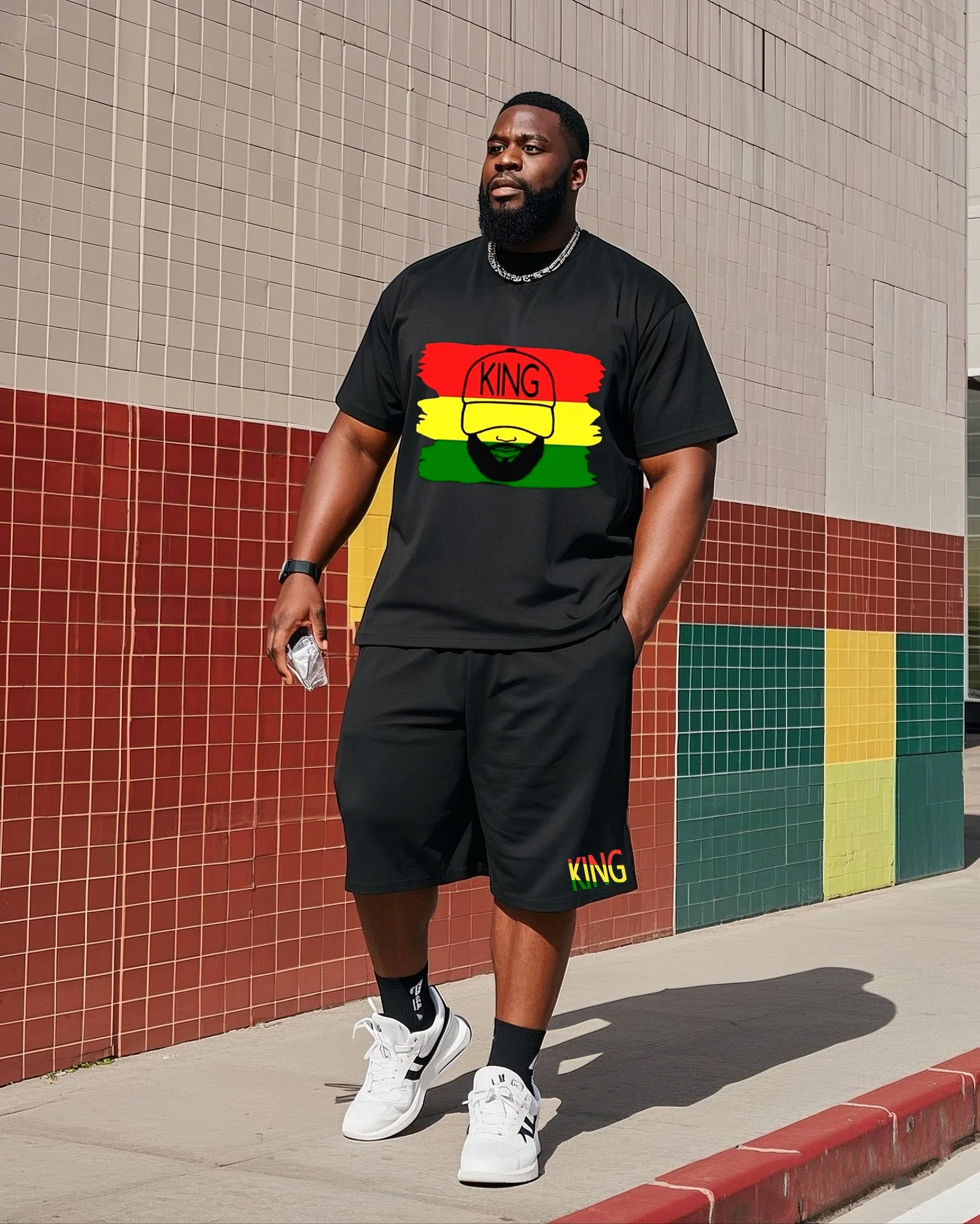 Men's Plus Size June Festival Black King Printed T-Shirt Shorts Suit sold by Biggmans