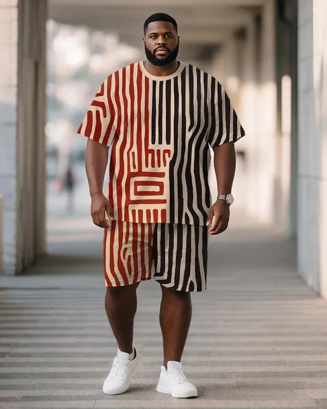 Men's Plus Size Black Red Stripe Geometric Print Short Sleeve T-Shirt Shorts Suit sold by Biggmans