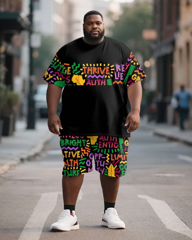 Men's Plus Size Color Geometric Letter Print Short Sleeve T-shirt Shorts Suit sold by Biggmans