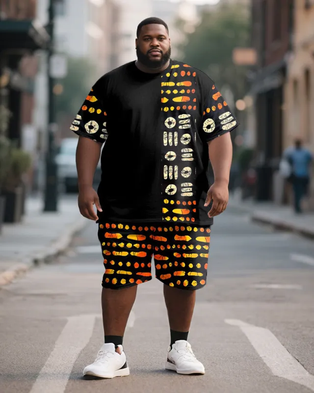 Men's Plus Size Black Orange Geometric Print Short Sleeve T-Shirt Shorts Suit sold by Biggmans