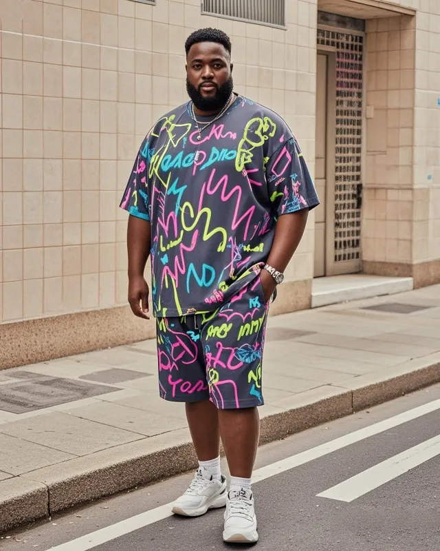 Plus Size Men's Irregular Neon Personality Graffiti Print T-Shirt Pocket Shorts Suit sold by Biggmans