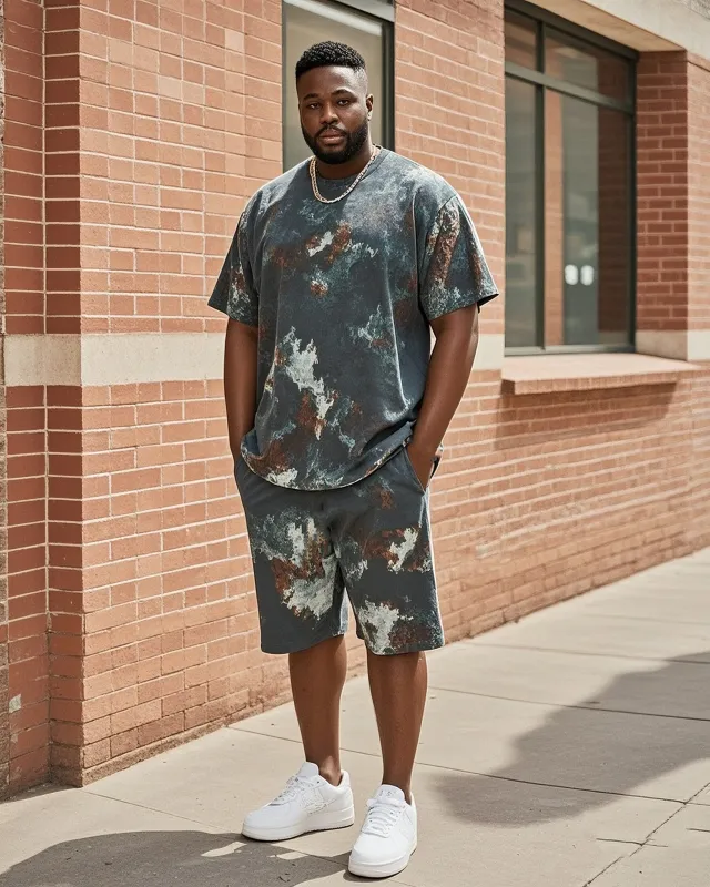 Plus Size Men's Retro Tie-dyeT Shirt Shorts Suit sold by Biggmans