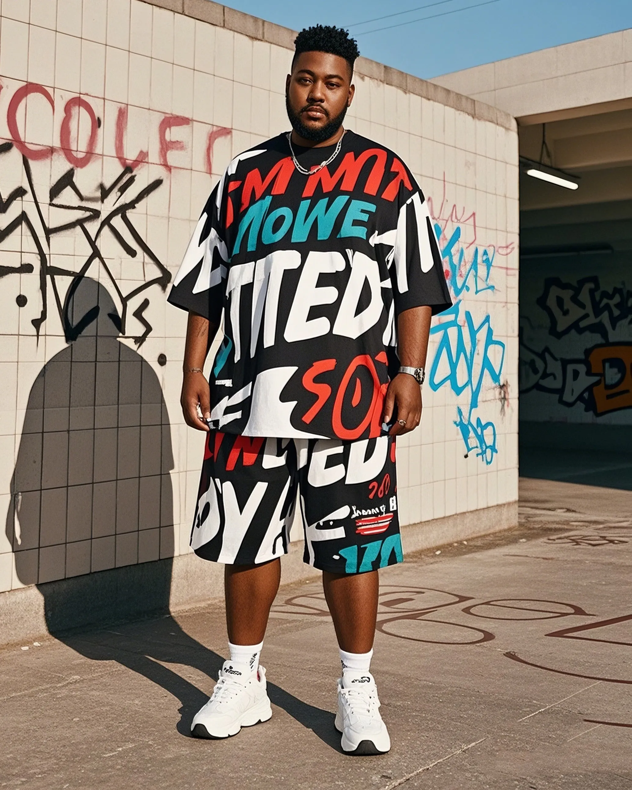 Plus Size Men's Creative Graffiti Personalized English Printed T-Shirt Shorts Suit sold by Biggmans