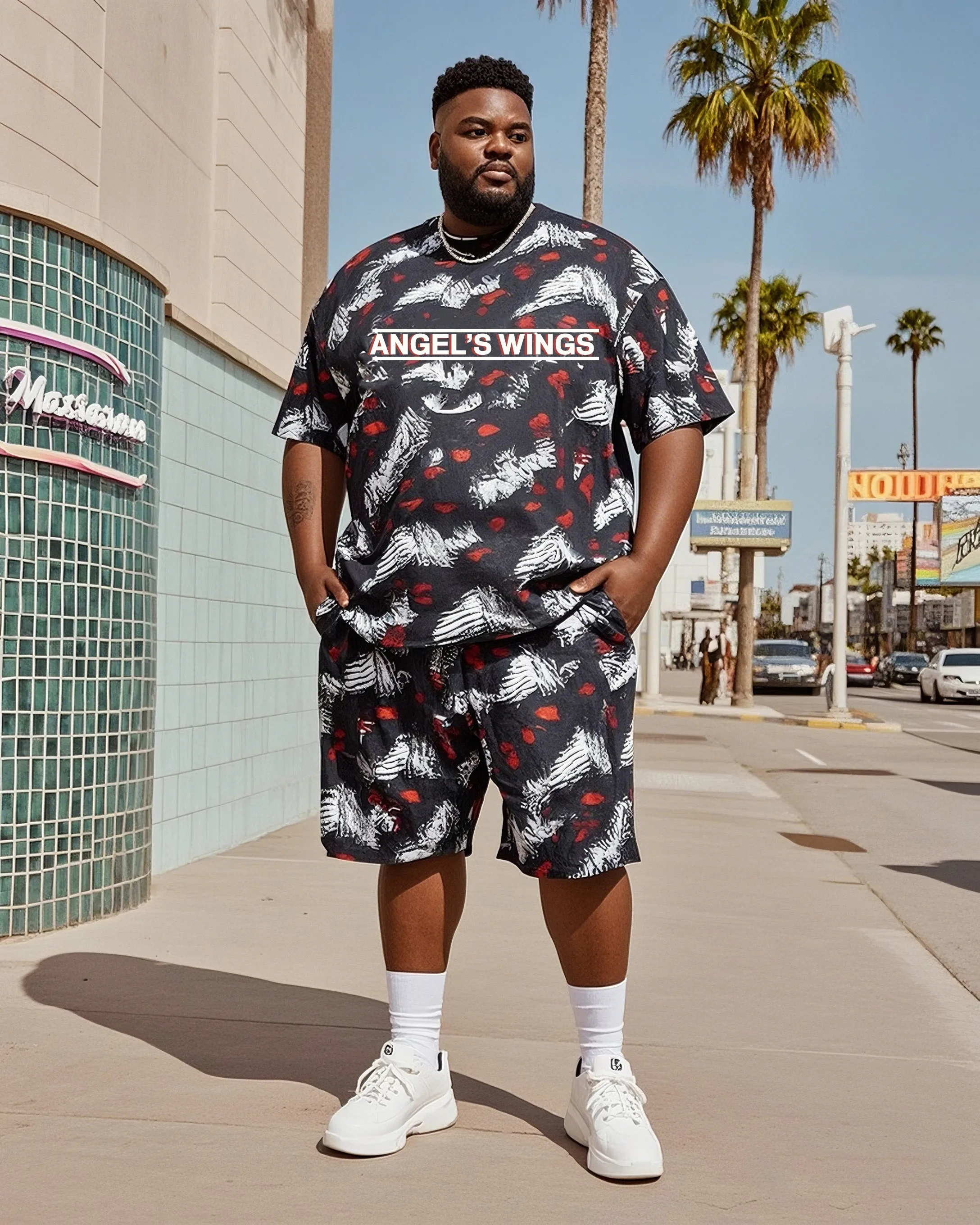 Plus Size Men's Vintage Personalized Angel Wings T-shirt Shorts Suit sold by Biggmans