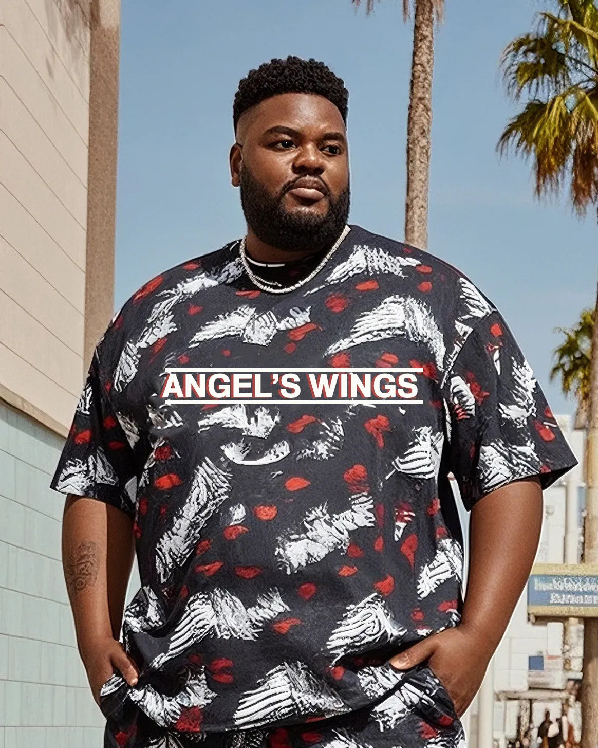 Plus Size Men's Vintage Personalized Angel Wings T-shirt Shorts Suit sold by Biggmans product image thumbnail 2