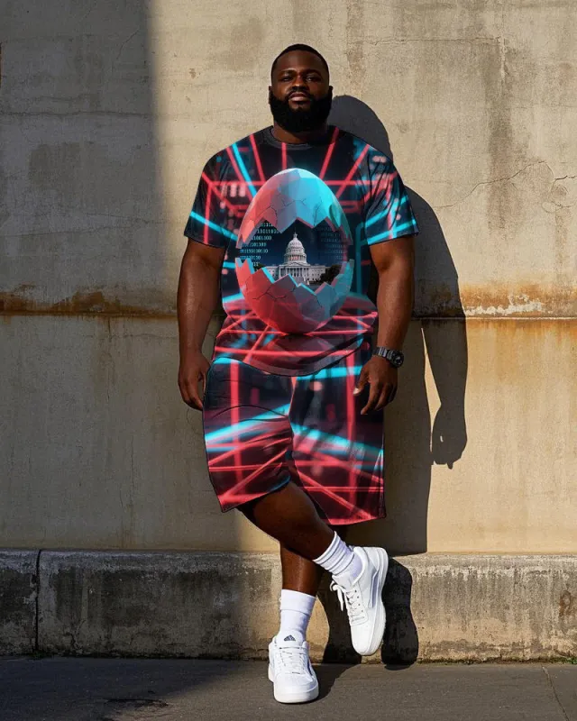 Big Men's Sci-fi White House with Egg Cracked Printed Casual Short Sleeve T-Shirt Shorts Set sold by Biggmans