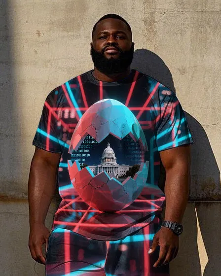 Big Men's Sci-fi White House with Egg Cracked Printed Casual Short Sleeve T-Shirt Shorts Set sold by Biggmans product image thumbnail 2