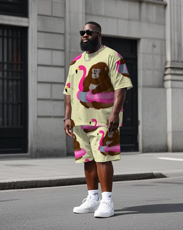 Big Men's Humor Chimpanzee with Swim Ring Printed Casual Short Sleeve T-Shirt Shorts Set sold by Biggmans