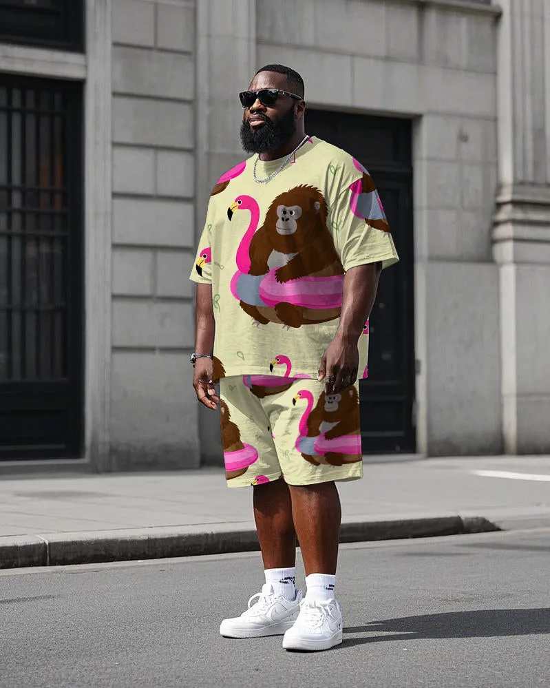 Big Men's Humor Chimpanzee with Swim Ring Printed Casual Short Sleeve T-Shirt Shorts Set sold by Biggmans