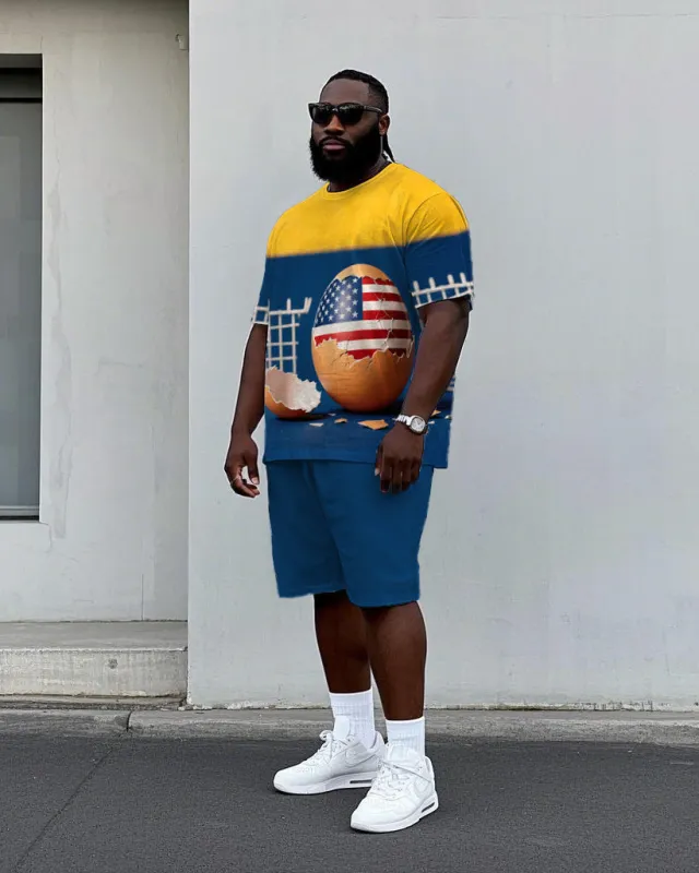 Big Men's Satire Egg USA Splicing Style Casual Short Sleeve T-Shirt Shorts Set sold by Biggmans