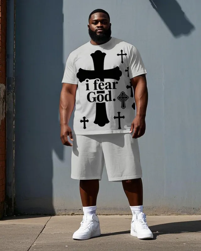 Big Men's Simple Street Fashion Cross i fear GOD Printed Short Sleeve T-Shirt Shorts Set sold by Biggmans