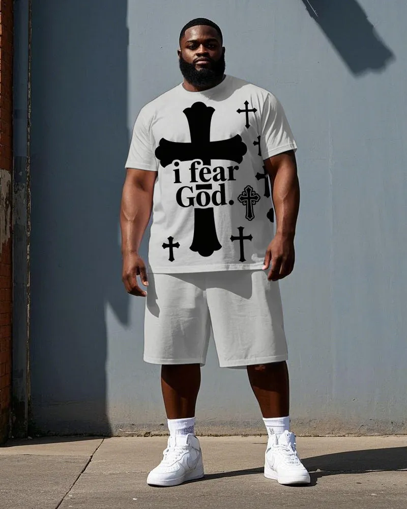 Big Men's Simple Street Fashion Cross i fear GOD Printed Short Sleeve T-Shirt Shorts Set sold by Biggmans
