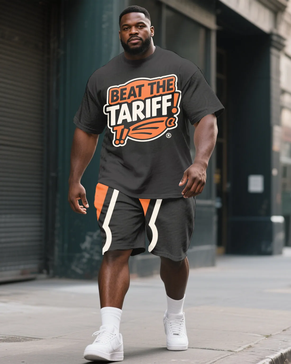 Big Men's Casual Street Style BEAT THE TARIFF Printed Short Sleeve T-Shirt Shorts Suit sold by Biggmans