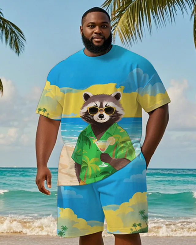 Men's Plus Size Hawaiian Blue Raccoon Drinking Cocktail Print Short Sleeve T-Shirt Shorts Suit sold by Biggmans
