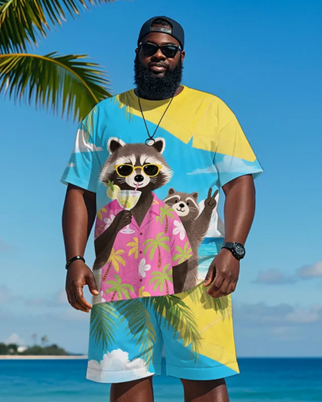 Men's Plus Size Hawaiian Blue Raccoon Drinking Cocktail Bier Printed Short Sleeve T-Shirt Shorts Suit sold by Biggmans