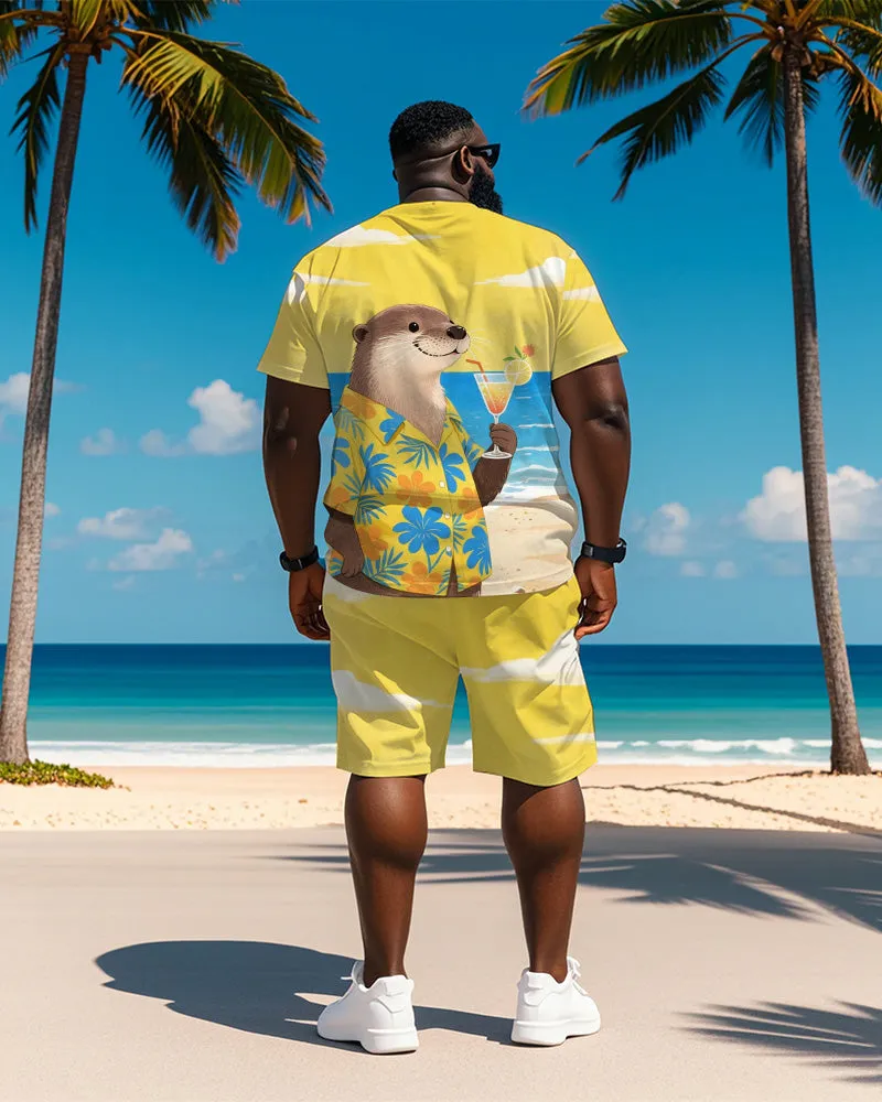 Men's Plus Size Hawaiian Yellow Otter Drinking Cocktail Print Short Sleeve T-Shirt Shorts Suit sold by Biggmans product image thumbnail 4