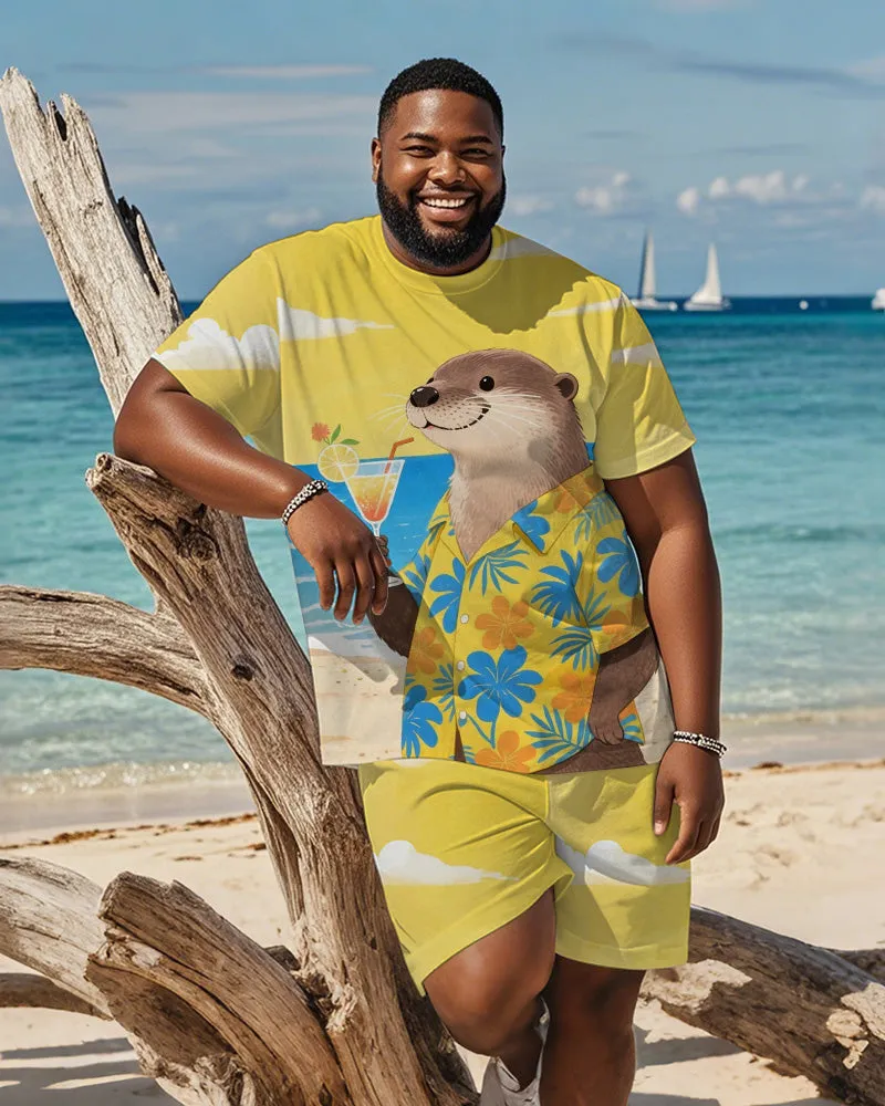 Men's Plus Size Hawaiian Yellow Otter Drinking Cocktail Print Short Sleeve T-Shirt Shorts Suit sold by Biggmans