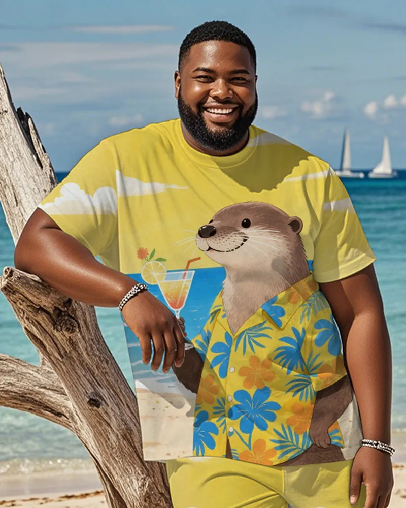 Men's Plus Size Hawaiian Yellow Otter Drinking Cocktail Print Short Sleeve T-Shirt Shorts Suit sold by Biggmans product image thumbnail 2