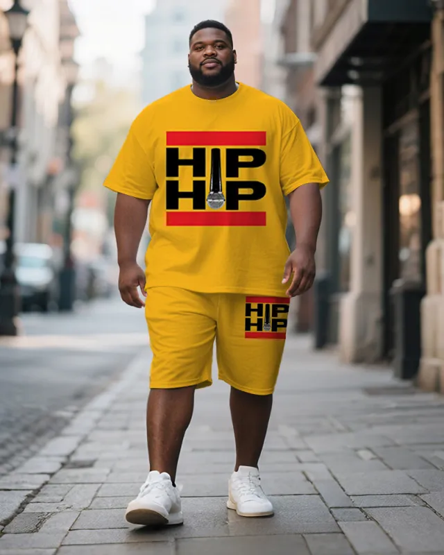 Men's Plus Size Yellow Hiphop Text Print Short Sleeve T-shirt Shorts Suit sold by Biggmans