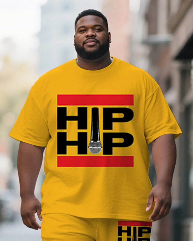 Men's Plus Size Yellow Hiphop Text Print Short Sleeve T-shirt Shorts Suit sold by Biggmans product image thumbnail 2